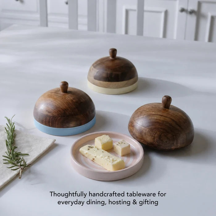 Ceramic Butter Dish Stripes With wooden Lid - Blush