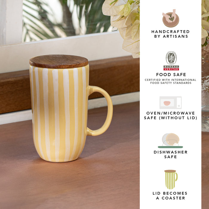 Ceramic Mug Tall Stripes With wooden Lid Lemon