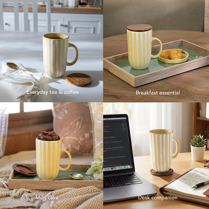 Ceramic Mug Tall Stripes With wooden Lid Lemon