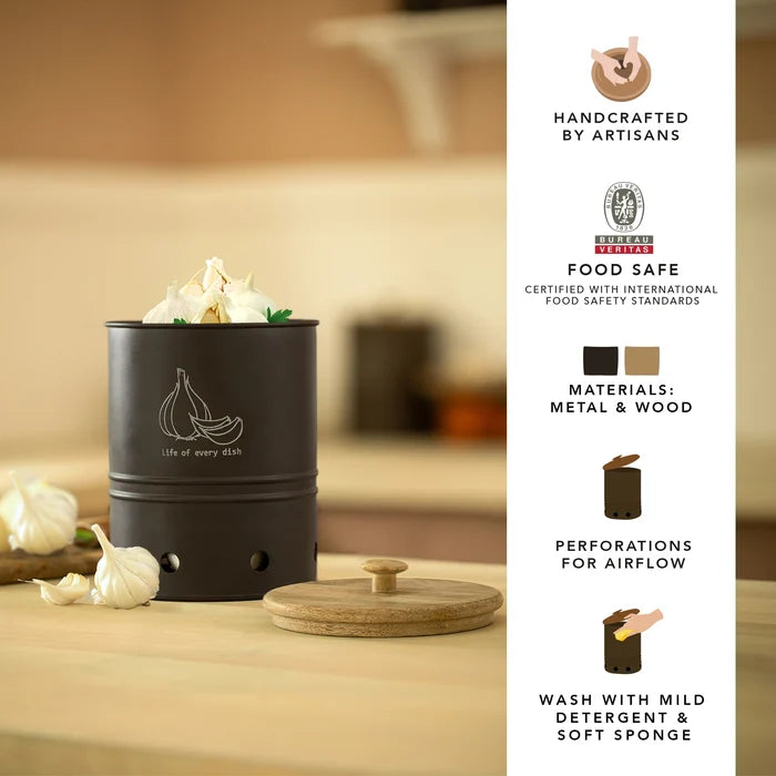 Charcoal Brown Garlic Storage Bin with Wooden Lid