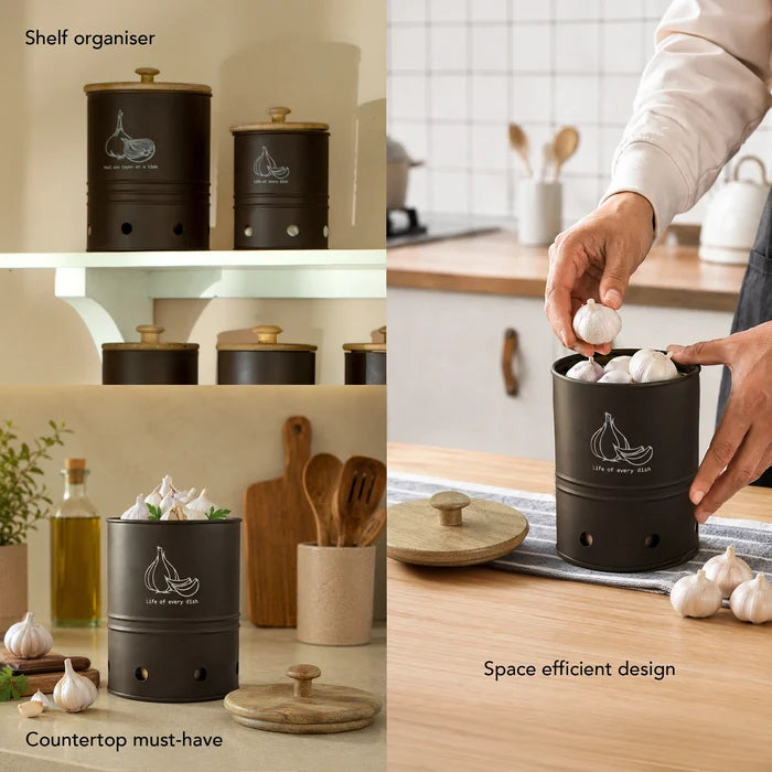 Charcoal Brown Garlic Storage Bin with Wooden Lid