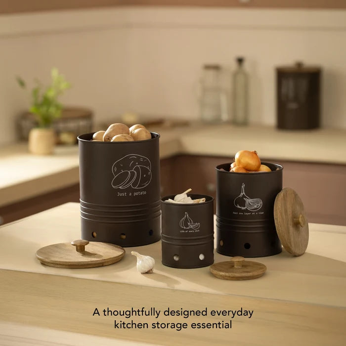 Charcoal Brown Garlic Storage Bin with Wooden Lid