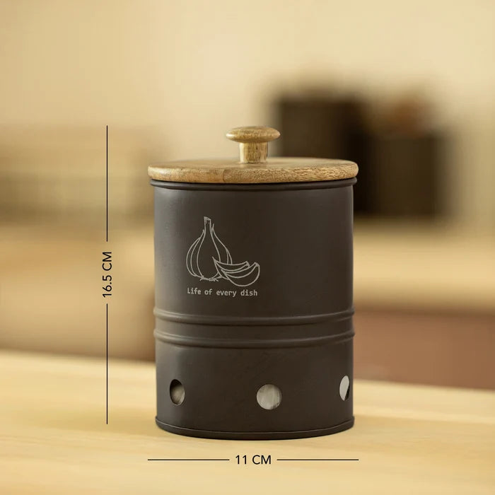 Charcoal Brown Garlic Storage Bin with Wooden Lid