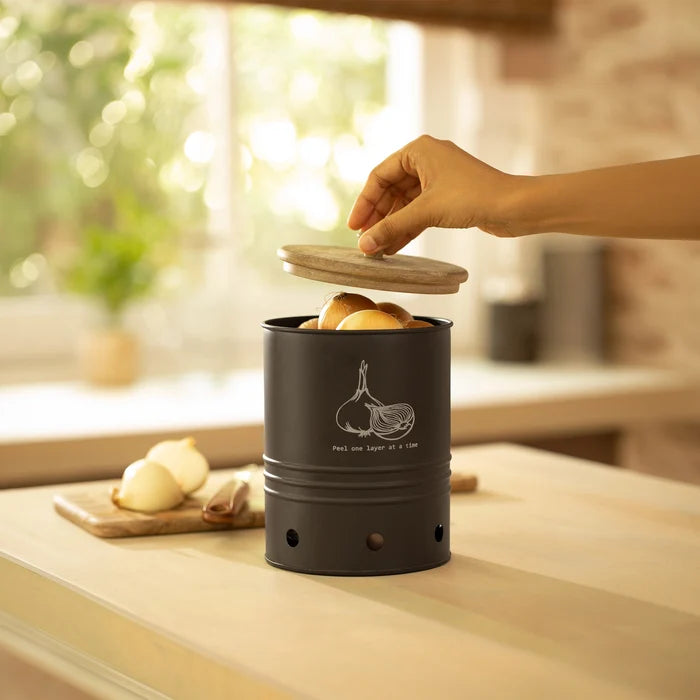 Charcoal Brown Onion Storage Bin with Wooden Lid