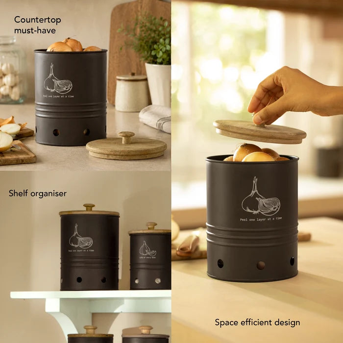 Charcoal Brown Onion Storage Bin with Wooden Lid