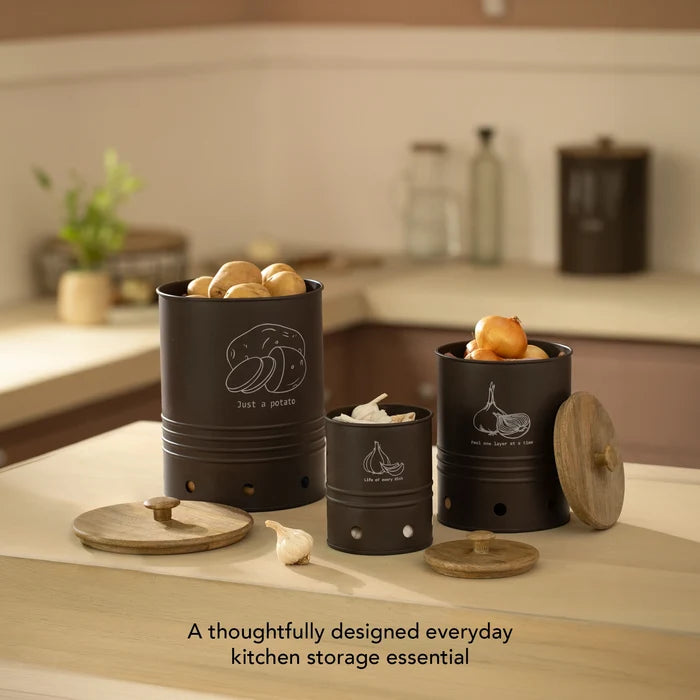Charcoal Brown Onion Storage Bin with Wooden Lid