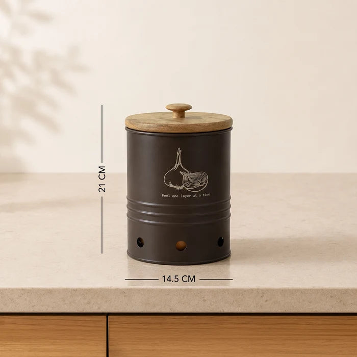 Charcoal Brown Onion Storage Bin with Wooden Lid