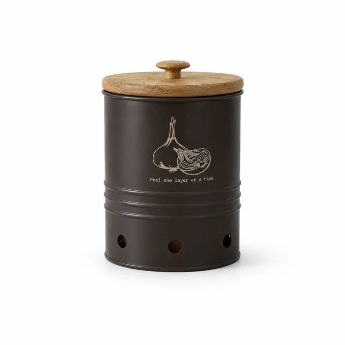Charcoal Brown Onion Storage Bin with Wooden Lid