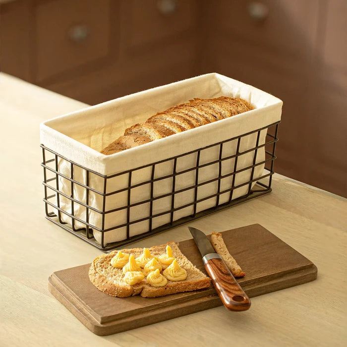 Charcoal Brown Twine Wire Bread Box with Fabric and Lid