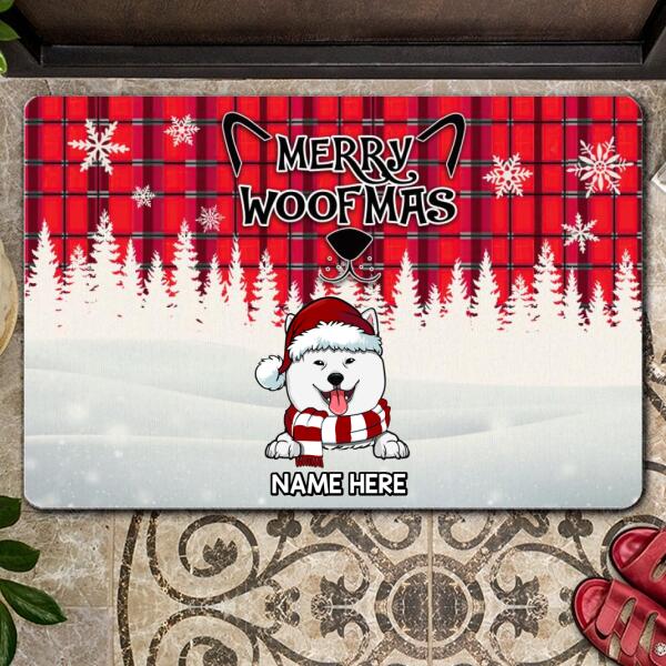 Christmas Custom Doormat, Gifts For Dog Lovers, Merry Woofmas Red Plaid White Snowflake Holiday Doormat