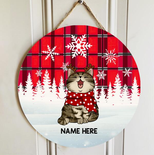 Christmas Door Decorations, Gifts For Cat Lovers, Cat In Snow Red Plaid White Snowflake Welcome Door Signs , Cat Mom Gifts