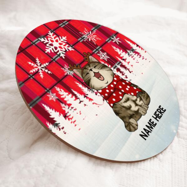 Christmas Door Decorations, Gifts For Cat Lovers, Cat In Snow Red Plaid White Snowflake Welcome Door Signs , Cat Mom Gifts