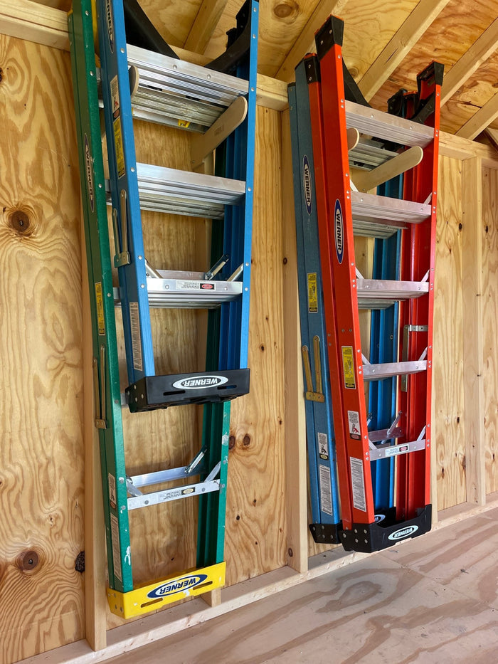 Hang all of your ladders. Complete Shed Organization Kit by HangThis Up.