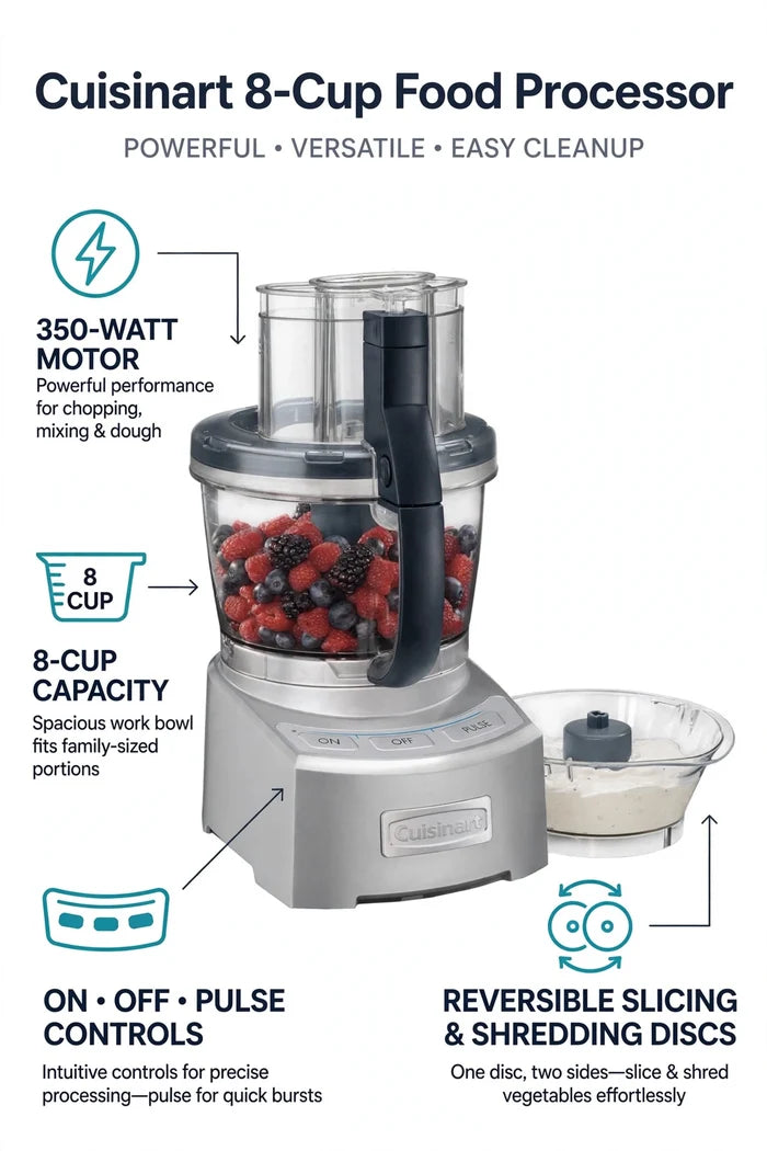 Promotional feature graphic for a Cuisinart 8-cup food processor.