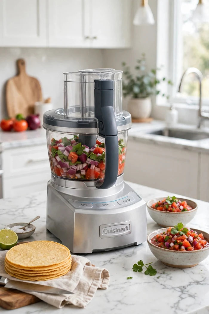 Styled promotional image of a Cuisinart food processor with salsa ingredients on a kitchen counter.