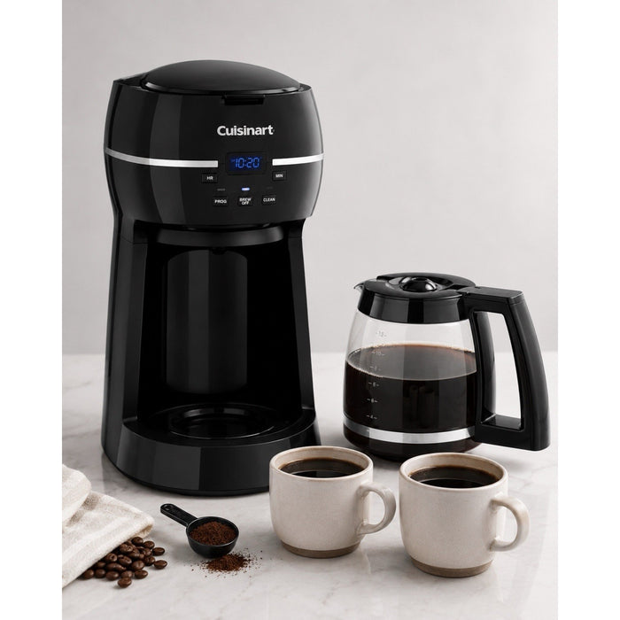 Front catalog view of black Cuisinart DCC-1500FR coffee maker beside its filled 12-cup glass carafe, two mugs, beans, and ground coffee.