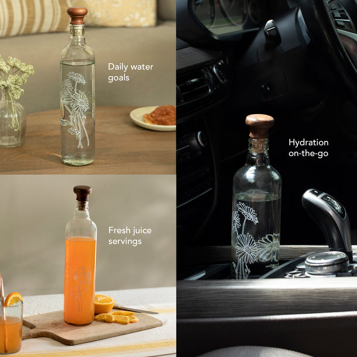 Daisy Glass Water Bottle With Wooden Stopper