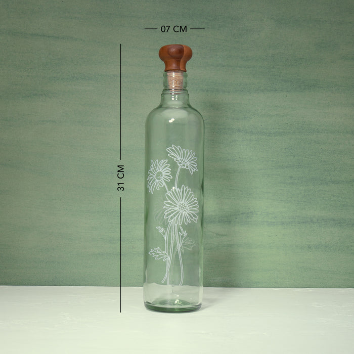 Daisy Glass Water Bottle With Wooden Stopper