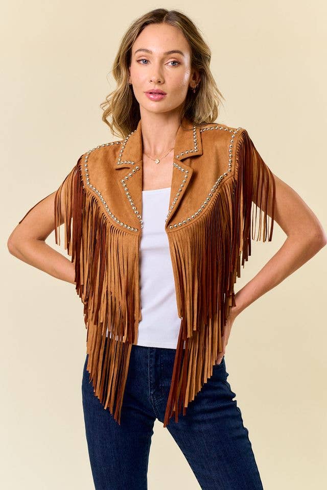 Delilah Camel Studded Fringed Shrug