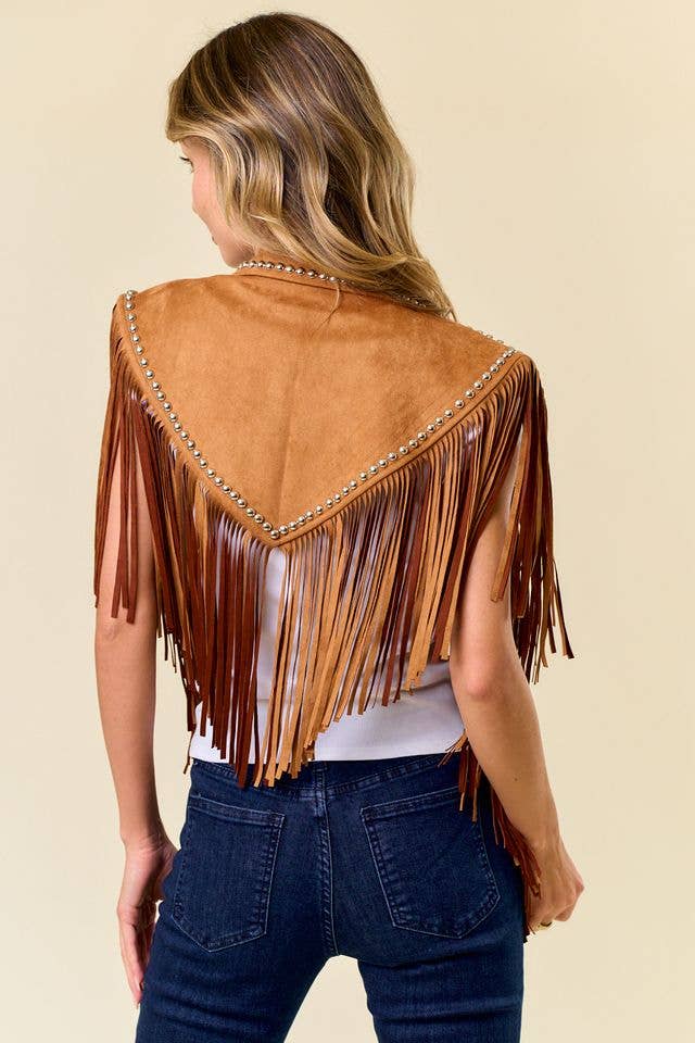Delilah Camel Studded Fringed Shrug