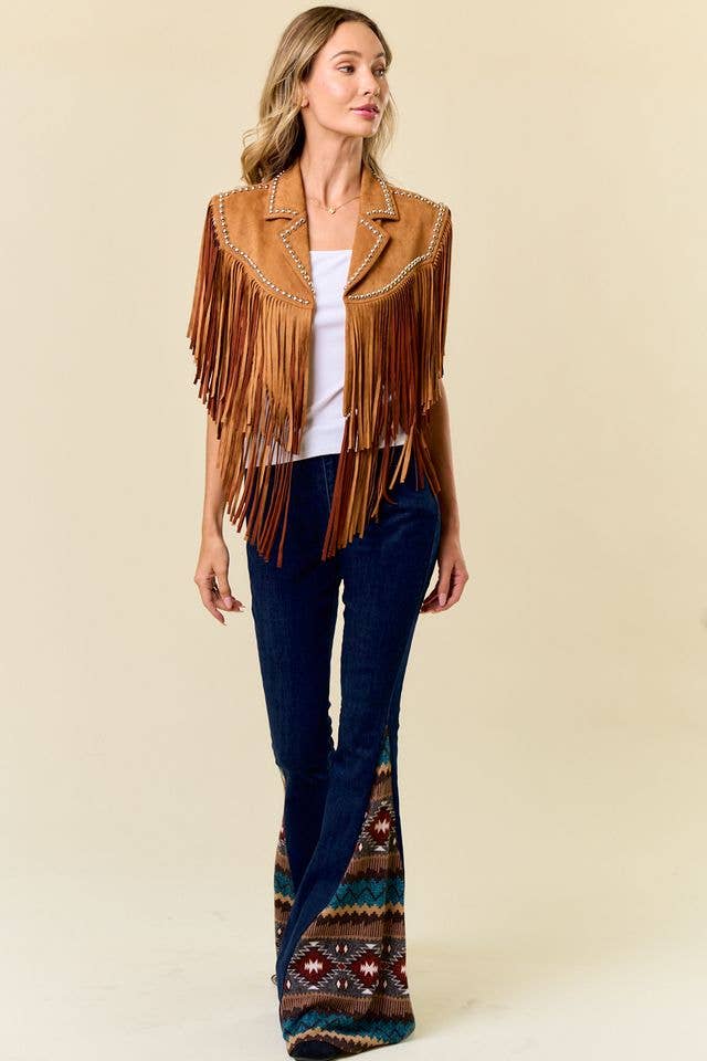Delilah Camel Studded Fringed Shrug