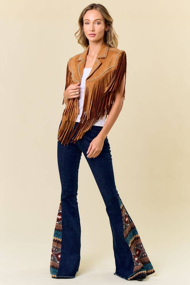 Delilah Camel Studded Fringed Shrug