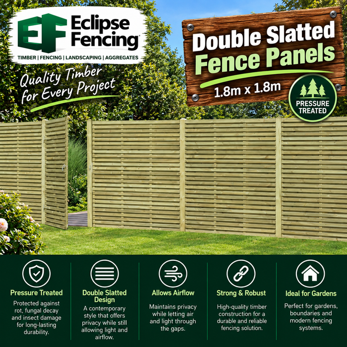 Double Slatted Panel 1.8m x 1.8m Pressure Treated-Eclipse Fencing