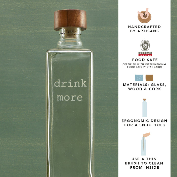 Drink More Glass Water Bottle With Wooden Stopper