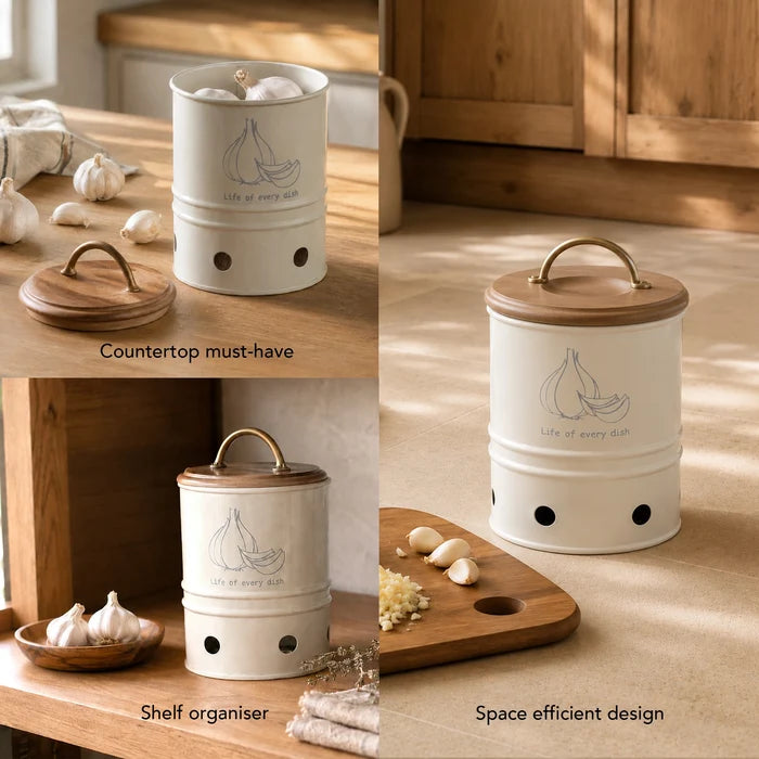 Egg Shell Metal Garlic Storage Bin With Wooden Lid