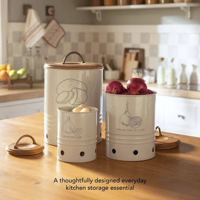 Egg Shell Metal Garlic Storage Bin With Wooden Lid