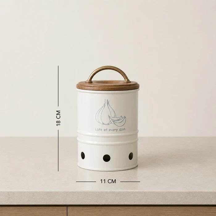 Egg Shell Metal Garlic Storage Bin With Wooden Lid
