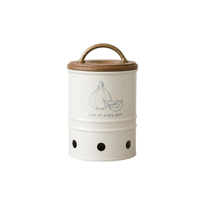 Egg Shell Metal Garlic Storage Bin With Wooden Lid