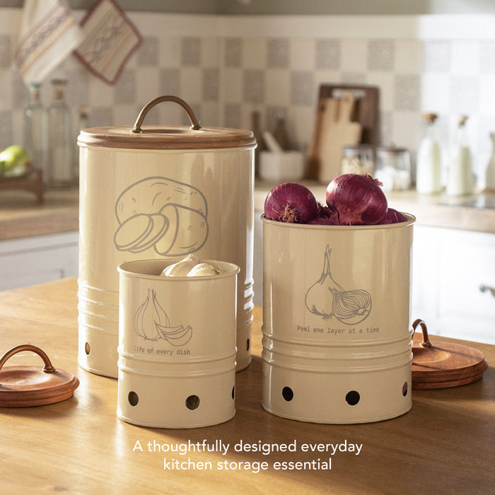 Egg Shell Metal Onion Storage Bin With Wooden Lid