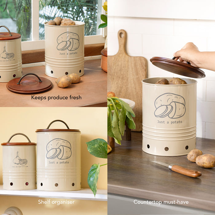 Egg Shell Metal Potato Storage Bin With Wooden Lid