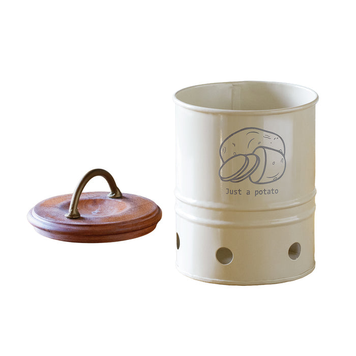 Egg Shell Metal Potato Storage Bin With Wooden Lid