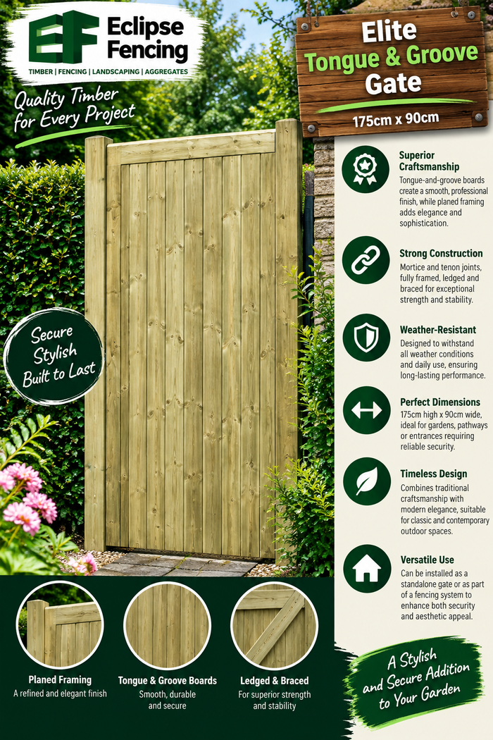 Elite Tongue & Groove Gate 1750mm x 900mm – Durable, Stylish, and Secure Garden Gate-Eclipse Fencing