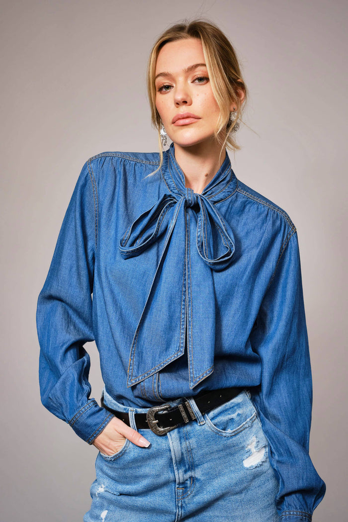 Elodie Tie Neck Hidden Button Chambray Blouse