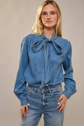 Elodie Tie Neck Hidden Button Chambray Blouse