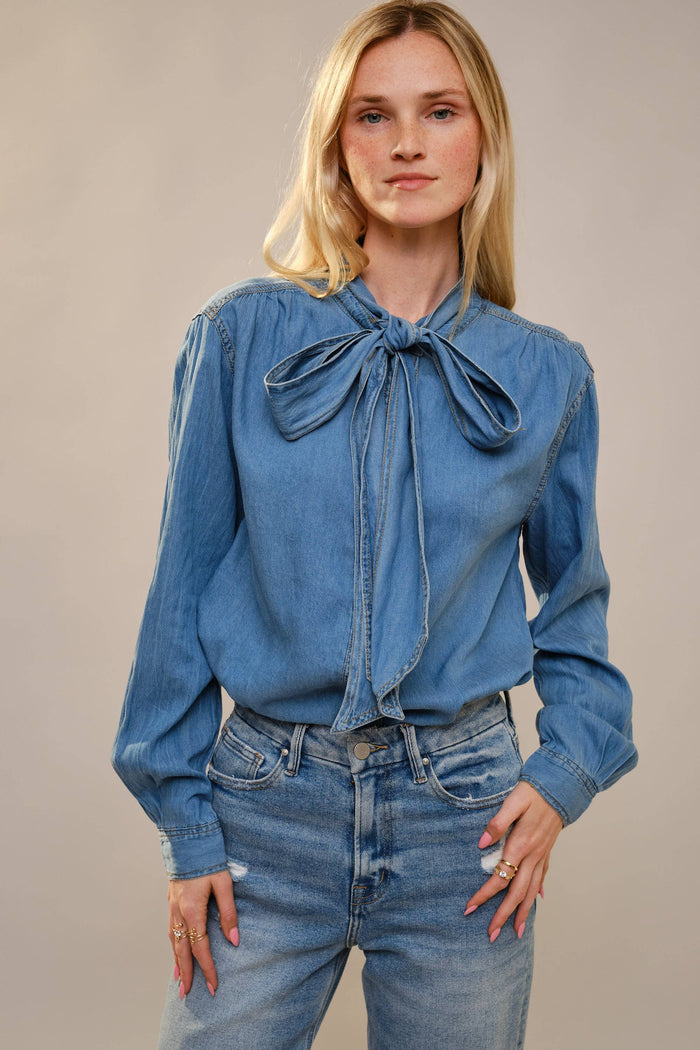 Elodie Tie Neck Hidden Button Chambray Blouse