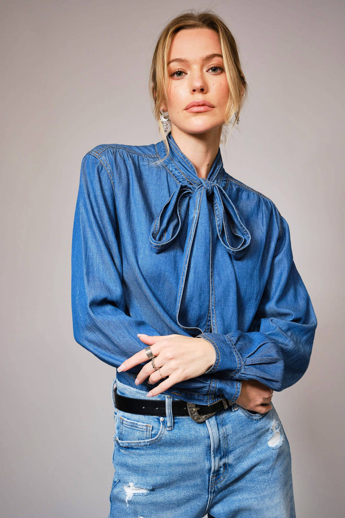 Elodie Tie Neck Hidden Button Chambray Blouse