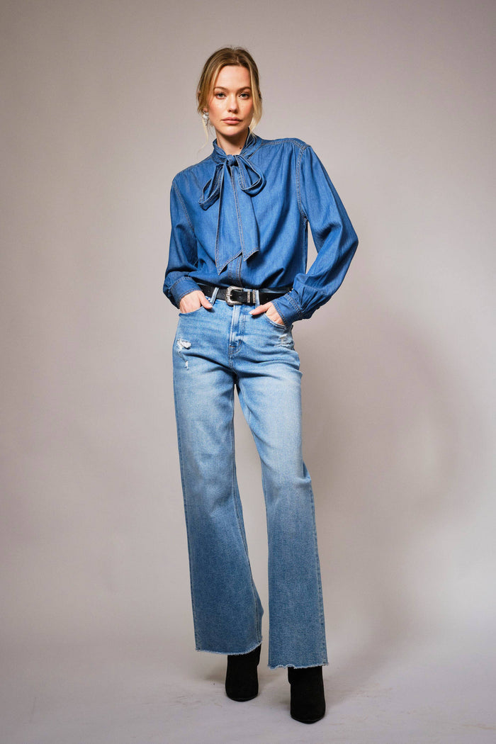Elodie Tie Neck Hidden Button Chambray Blouse