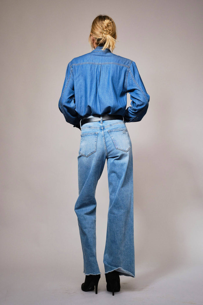 Elodie Tie Neck Hidden Button Chambray Blouse