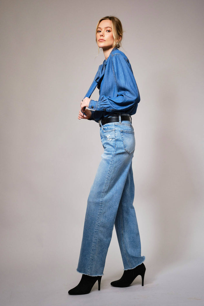 Elodie Tie Neck Hidden Button Chambray Blouse