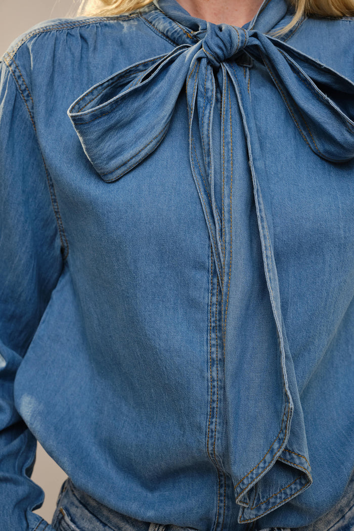 Elodie Tie Neck Hidden Button Chambray Blouse
