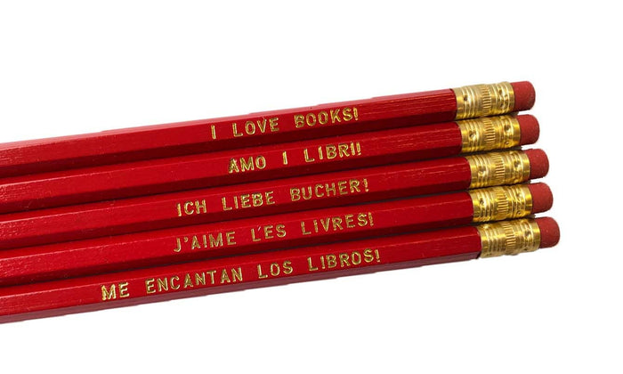 Engraved Pencil Set: I LOVE BOOKS! in Five Languages