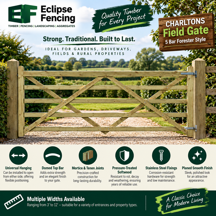 Field Gate 5 Bar Forester Style – CHARLTONS – Durable Wooden Gate for Gardens, Driveways & Fields-Eclipse Fencing