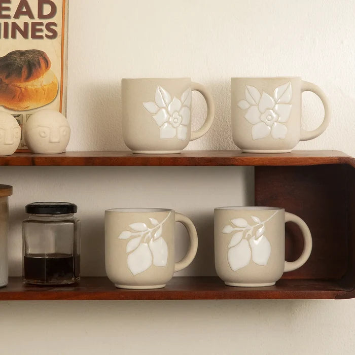 Floral Embossed Ceramic Mug Set of 2