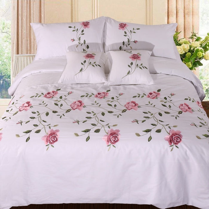 Flowers & Leaves Embroidered Duvet Cover Set - Level Decor