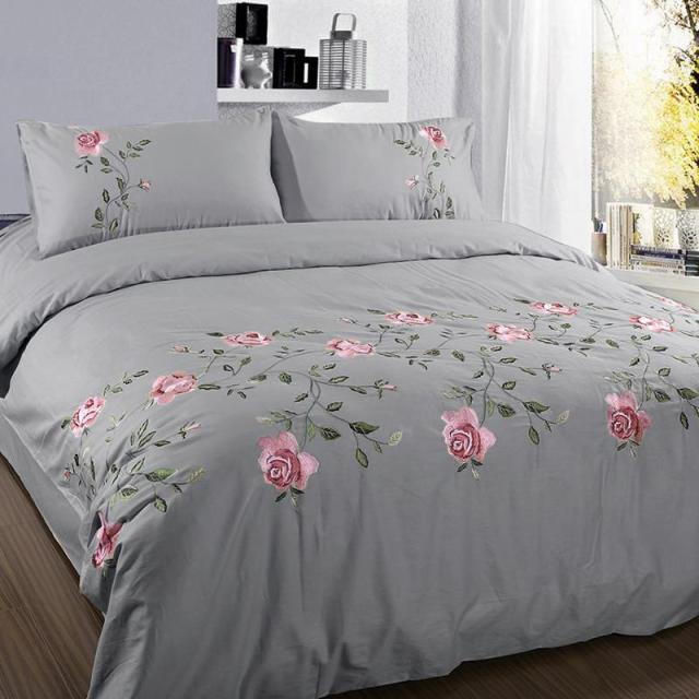 Flowers & Leaves Embroidered Duvet Cover Set - Gray / King size 6Pcs - Level Decor