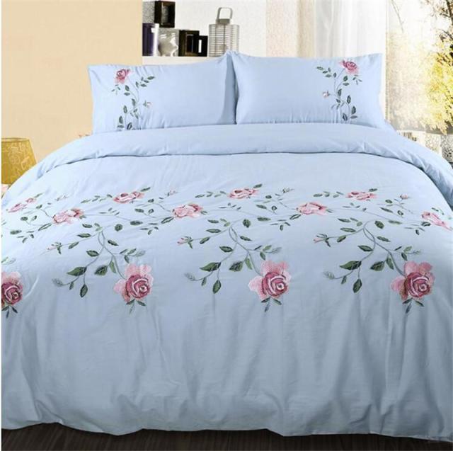 Flowers & Leaves Embroidered Duvet Cover Set - Blue / Twin size 6Pcs - Level Decor